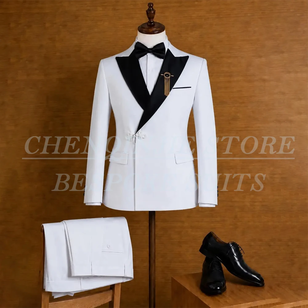 Designer White Men's Suits Skinny One-Button With Black Peak Lapel Blazer Formal Wedding 2 Piece Jacket Pants Outfits Terno