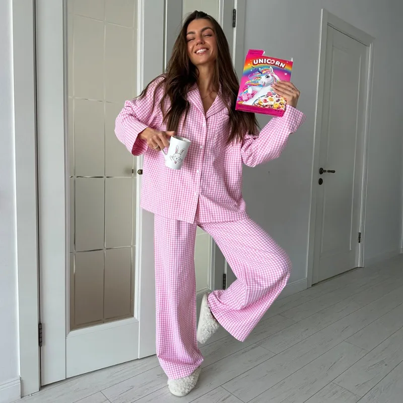 

2025 осенние новые женские клетчатые брюки с длинными рукавами, пижамный комплект из 2 предметов с кардиганом, клетчатая цветная домашняя одежда в европейском и американском стиле