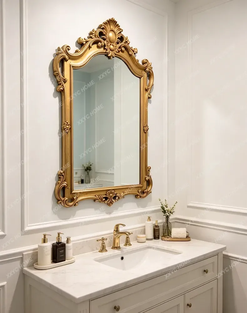 Light luxury carved bathroom mirror wall hanging living room entrance decorative mirror special-shaped advanced makeup mirror