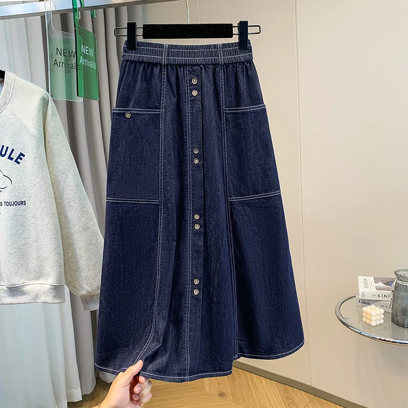 

Women Loose Elastic High Waist A-line Denim Skirt Spring Autumn Office Lady Vintage Elegant Casual Cowboy Long Skirts M-3XL