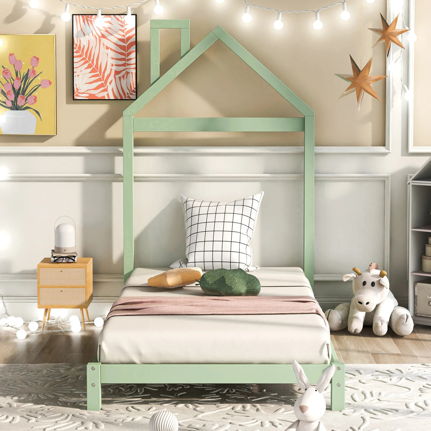 Wood Platform Twin Bed, House-shaped Headboard, Green Color