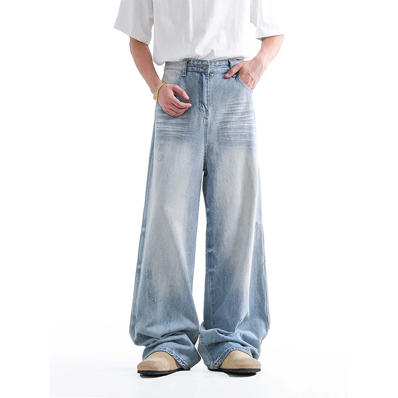 

Мужские джинсы в стиле ретро, американского дизайна, светло-голубые, с эффектом потертости, широкие прямые штанины, повседневные свободные длинные брюки для осеннего сезона