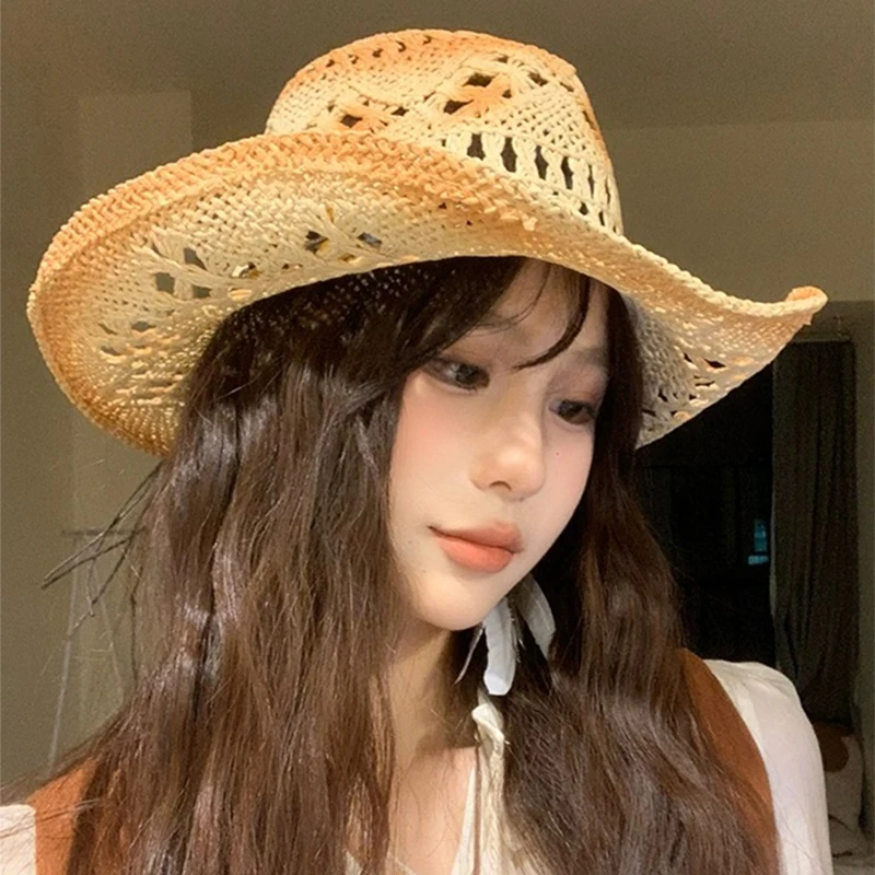 New Unisex Exotic Style Retro Bandhnu Travel Cowboy Hats Outdoor Beading Beach Sunshade Niche Straw Caps Versatile Hollow Out