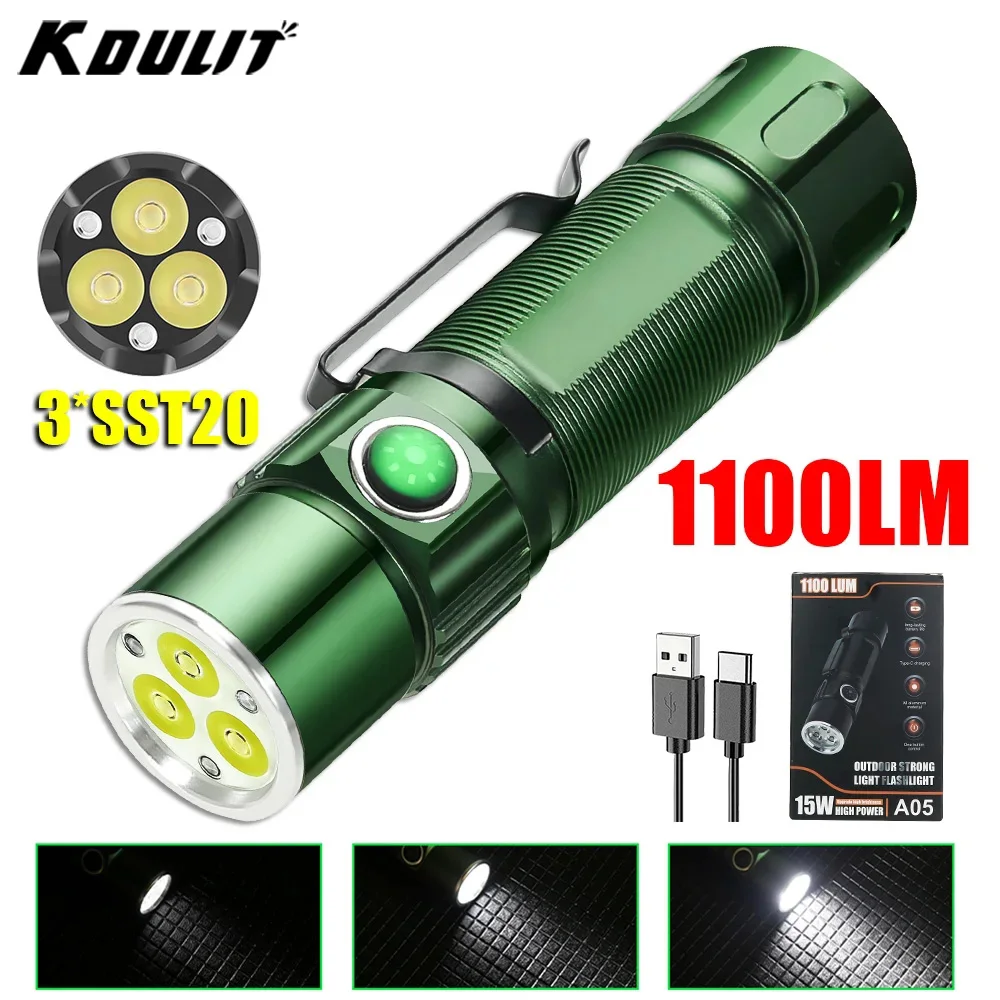 1100LM USB Rechargeable Led Flashlight Portable Lantern with Built-in Battery 5 ModesTactical Torch for Fishing Camping Outdoor