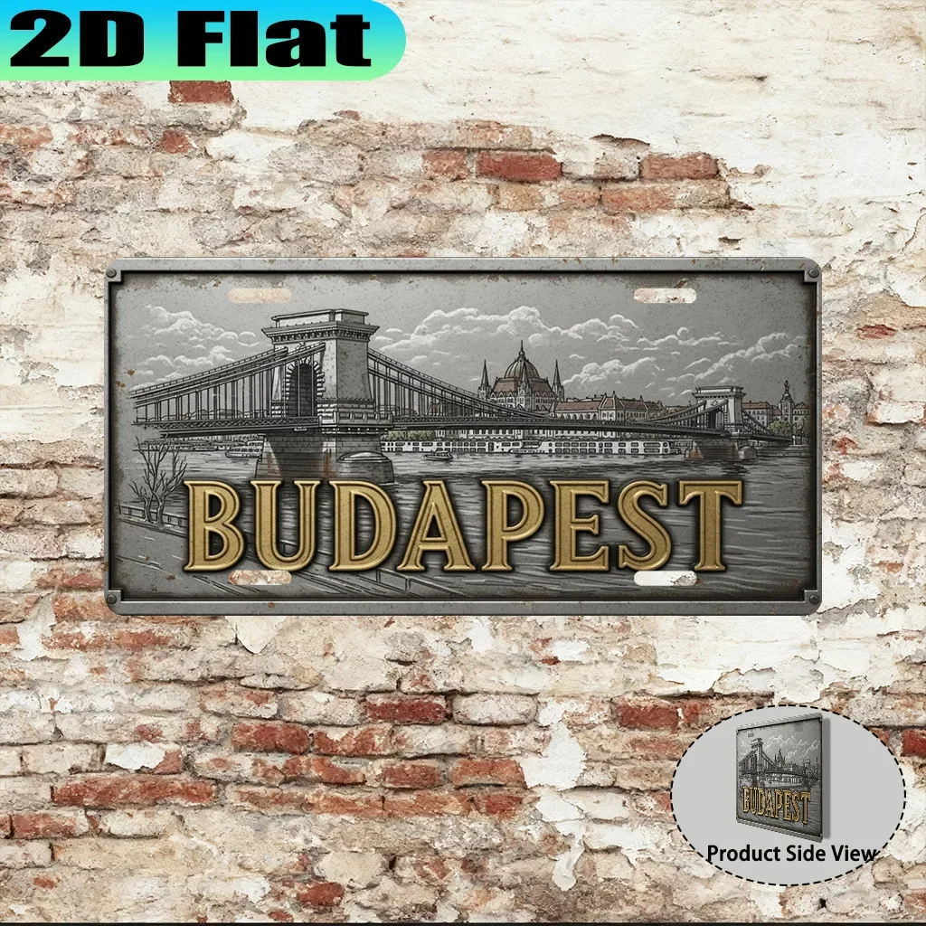 Hungary Budapest Chain Bridge 2D Flat Printing License Plate Style Metal Tin Sign, Iconic European City Themed Decorative Alu