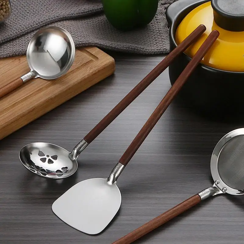 Walnut Handle Kitchen Tableware 304 Stainless Steel Spatula Spoon Oil Filter Colander Kit Anti-Scalding Cookware For Service