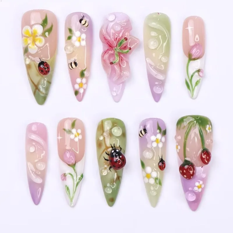 24PCS Almond Press on Nails Hand-Painted 3D Spring Flower Ladybug Bee Strawberry Design Fake Nails Pastel Acrylic Nail for Women