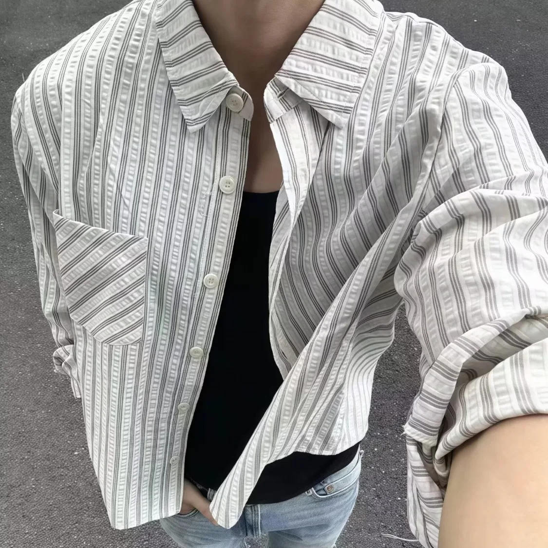 

Men's Casual Striped Long Sve irt Autumn Winter plus Size 250 Pou Outerwear Loose Fit Korean Trend Polyester Fiber