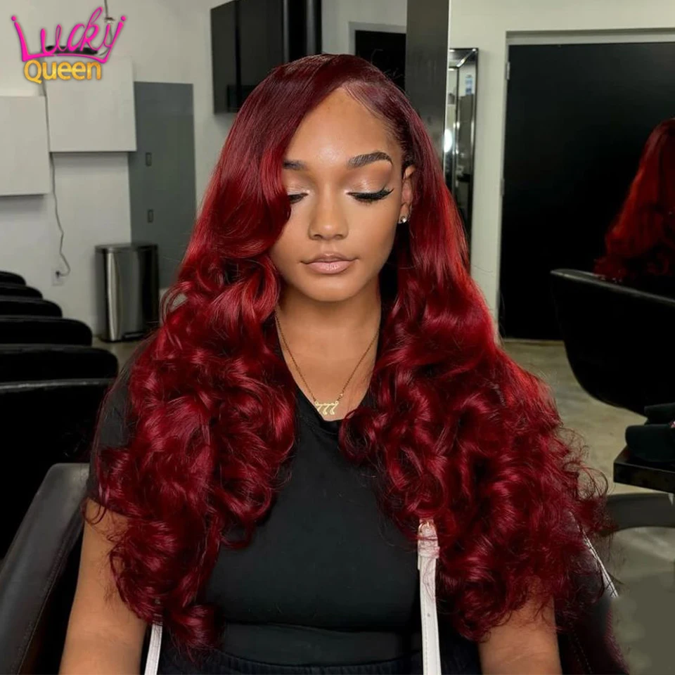 Body Wave Burgundy Red Wine 180 Density Lace Frontal Wigs Human Brazilian Hair Pre Plucked 13X6 Transparent Lace #99 For Women