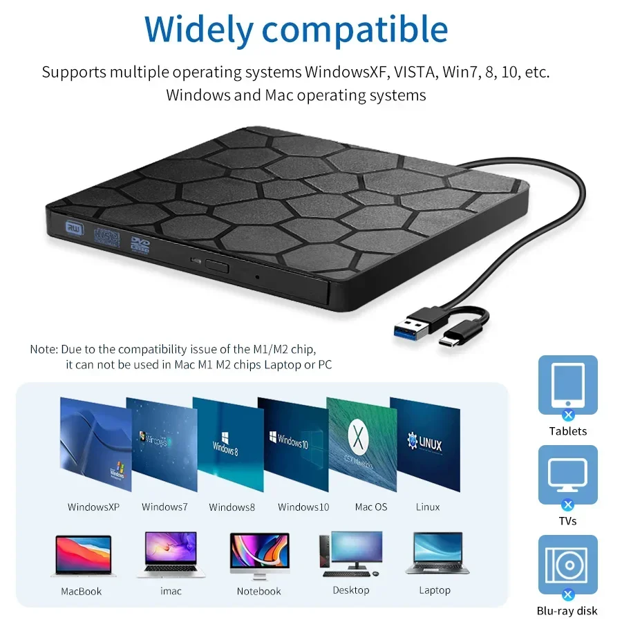 2 في 1 محرك أقراص DVD RW خارجي USB 3.0 نوع C واجهة رفيعة DVD كاتب أقراص مضغوطة مشغل محرك الأقراص الضوئية لأجهزة الكمبيوتر المحمول