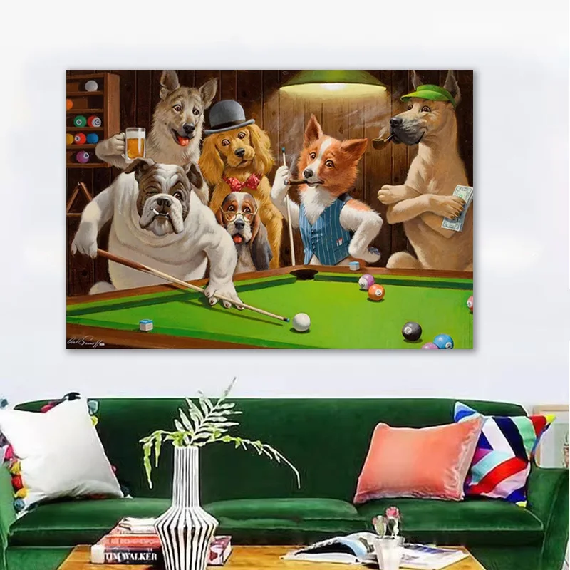 Abstract Funny Animal Dog Playing Poker Billiard Retro Canvas Painting Wall Art Pictures Posters Prints Living Room Home Decor