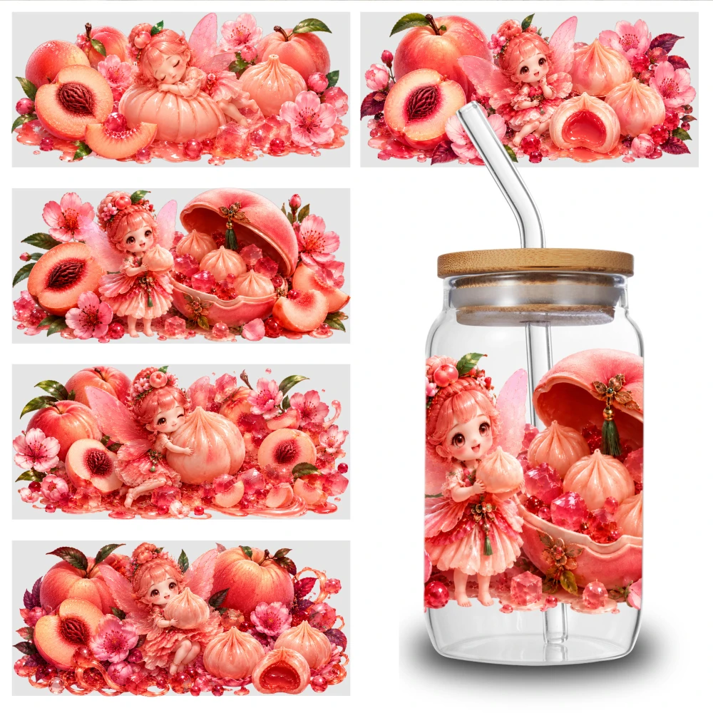 5 Sheets Peach Fairy Floral Pattern UV DTF Stickers Plastic Self-Adhesive Labels for 16 oz Tumbler Cups Decoration