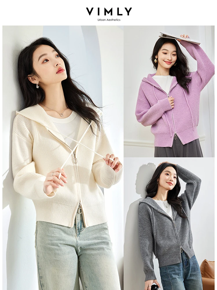 

VIMLY женский кардиган с напуском и капюшоном, 202, вязаная куртка с двусторонней молнией, уютные шикарные вязаные топы с длинными рукавами, женский трикотаж 73211