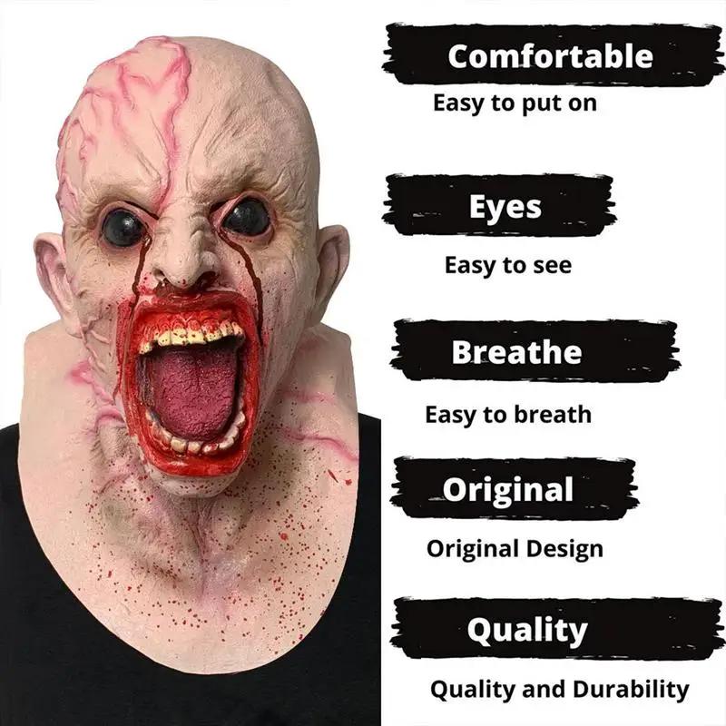 Halloween Scary Full Face Zombie Mask Wearing Mask Bloody Bloodstain Open Mouth Ghost With Veins In The Neck Horror Party Prop