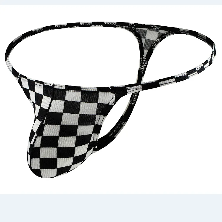 Men Checkered Slim Hem Thongs for Young People Comfortable Breathable T Back G String Panties Sissy U Convex Pouch Tangas Hombre