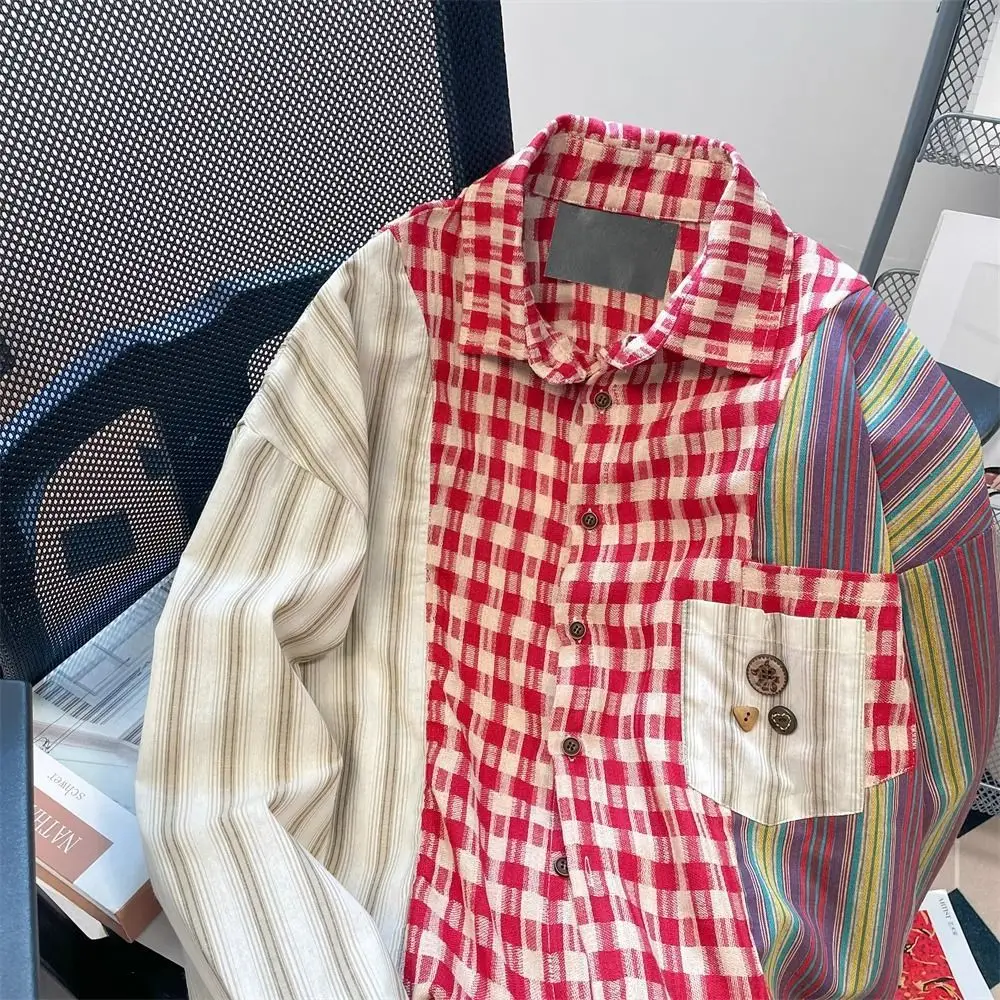 Women Clothes Vintage Plaid Patchwork Striped Blouse Autumn Loose Trend All-match Turn-down Collar Long Sleeve Pocket Shirts