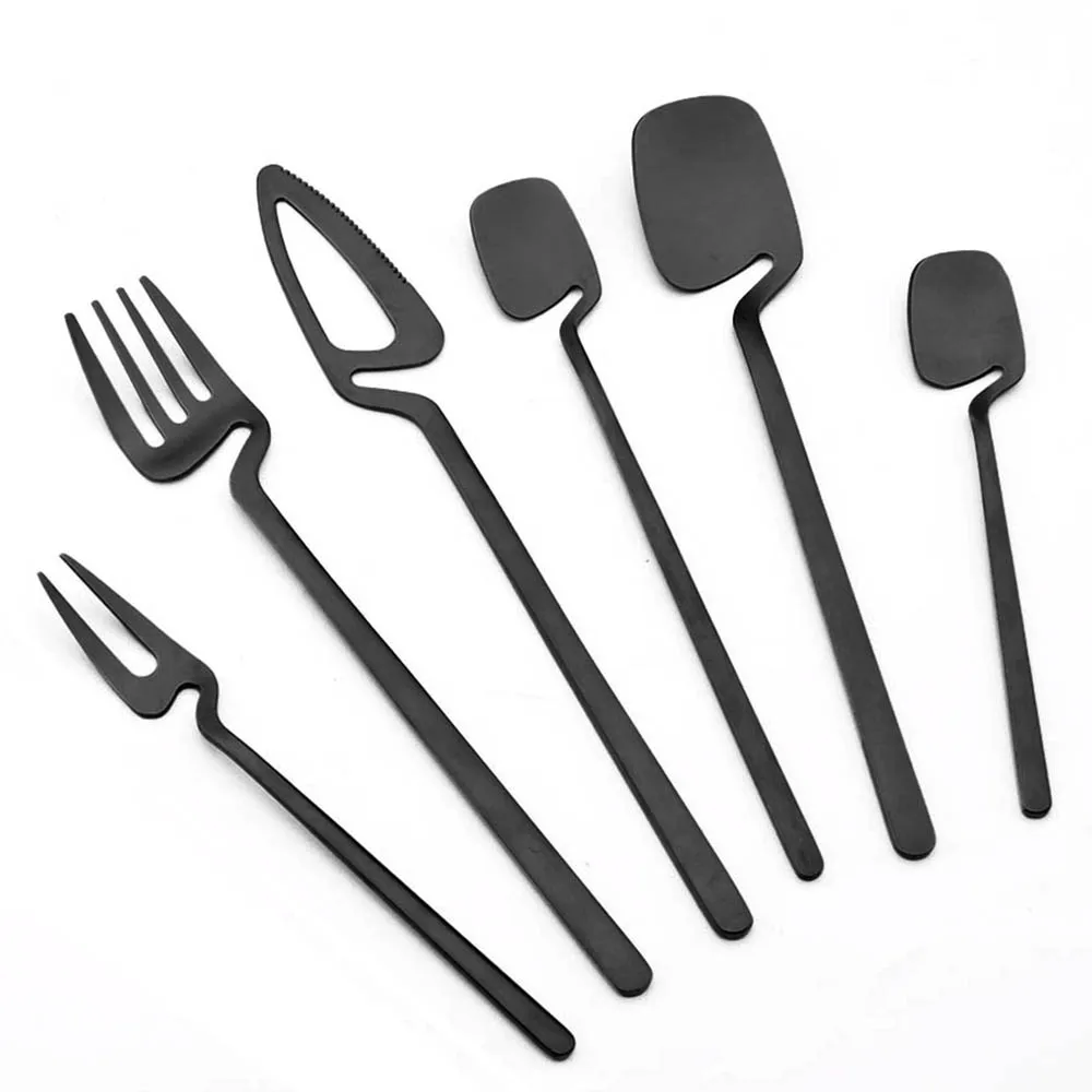 1/4Pcs Tableware Set Spoon Fork Knife Cutlery Sets kitchen Tool Ice Cream Desserts Tea Coffee Use Kitchen Dinnerware Black