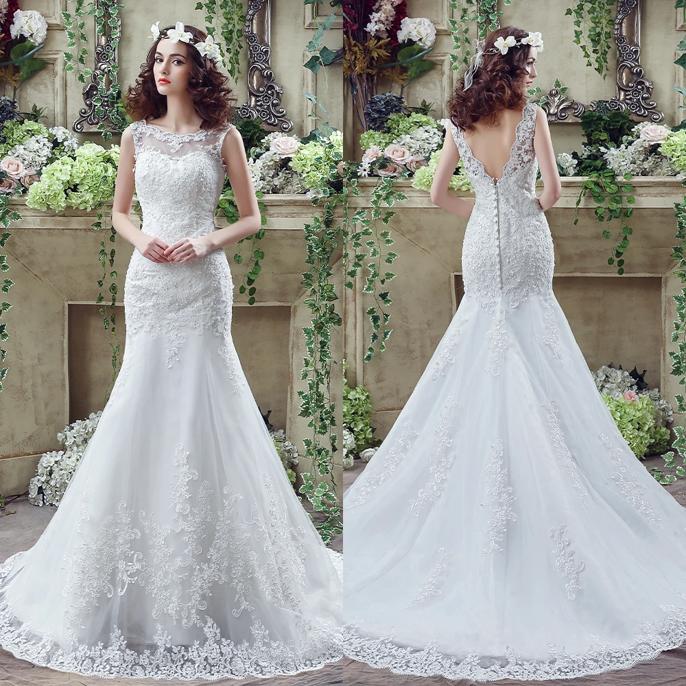 Customized O-neck Sleeveless Floor Length Lace Mermaid Long Dresses Wedding Party Vestido De Festa De Casamento Dress for Women