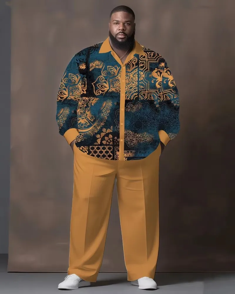 S-9XL Men's Plus Size Vintage Pattern Paneled Long Sleeve Shirt Pants Two-Piece Set