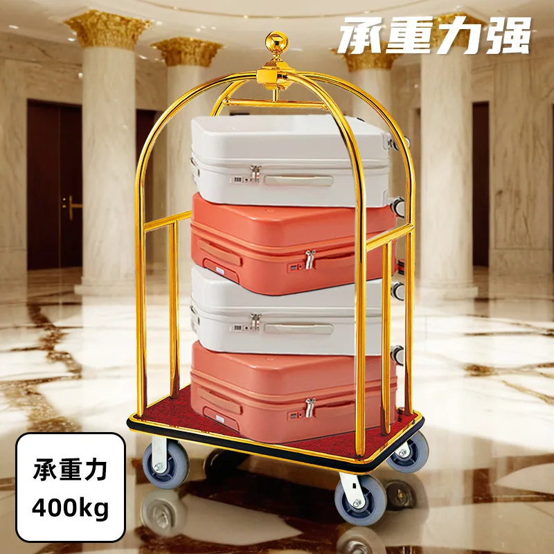 Hotel lobby luggage service cart with small gold roof, hand-pushedt,trolley.