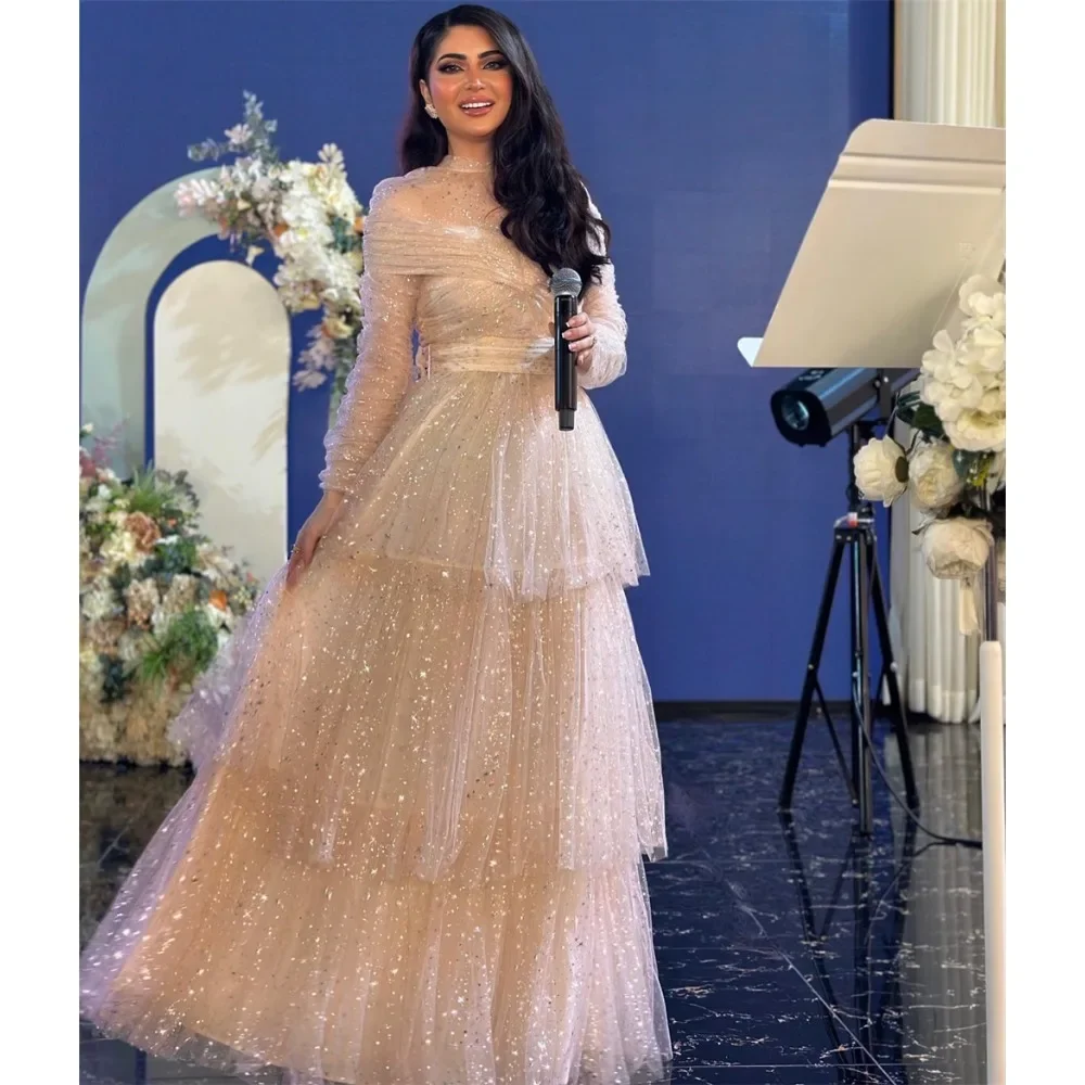 

Jiayigong Tulle Tiered Sequined Ruched Party A-line High Collar Bespoke Occasion Gown Long Dresses Saudi Arabia