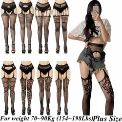 Large Plus Size Black Fishnets Body Stockings with Garter Belt Pantyhose for Oversized Womans Knee Thigh High Sexy Tights 3XXXXL