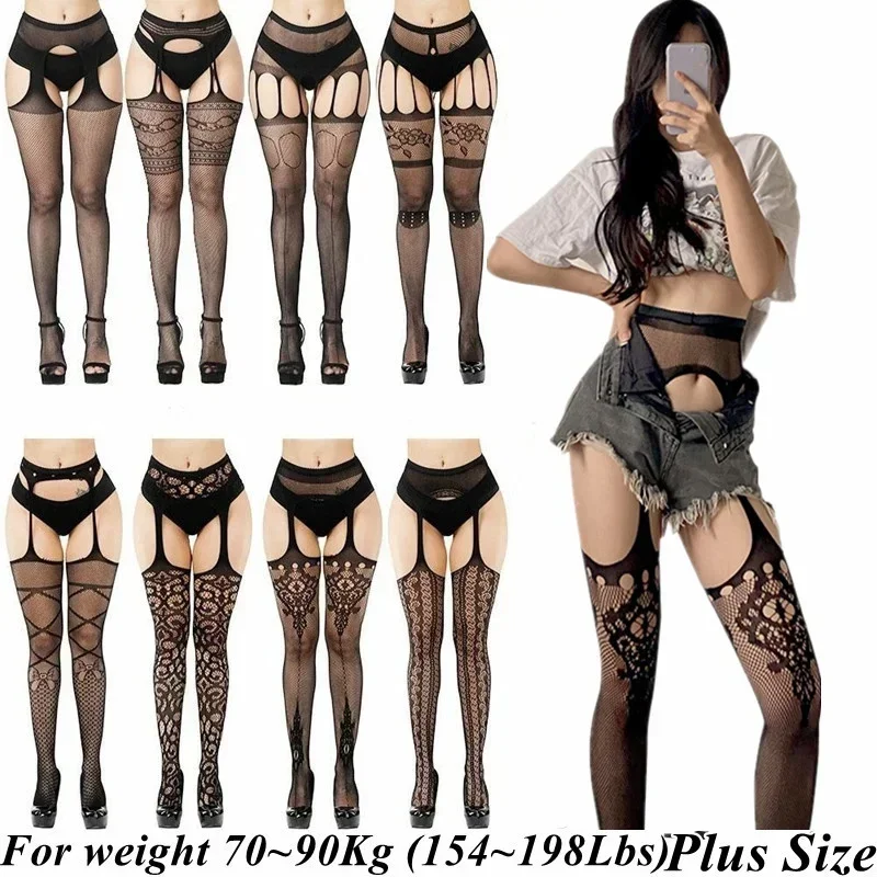 Large Plus Size Stockings with Garter Belt for Women Fishnet Pantyhose Oversized Knee Thigh High Long Socks Sexy Tights XXXXL