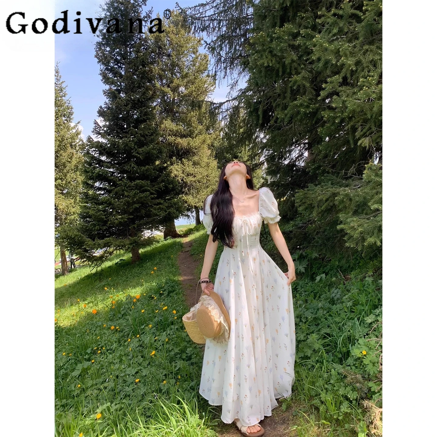 

Sweet Girl Japanese Style Square Neck Short Sleeve Floral Embroidery Dress Daily Cute Versatile Long Dress for Women