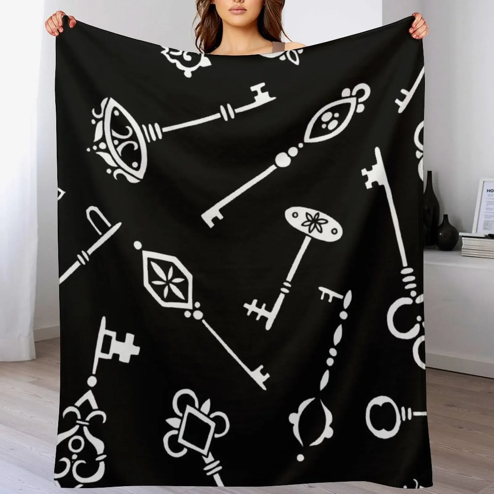 

Skeleton Keys || Black and White Palette || Lock and Key Throw Blanket Luxury christmas gifts Decorative Sofas Quilt Blankets