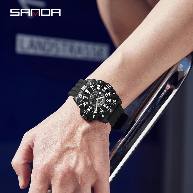 SANDA-reloj de cuarzo con correa de silicona para hombre, cronógrafo con pantalla Digital, fácil de leer, 3209