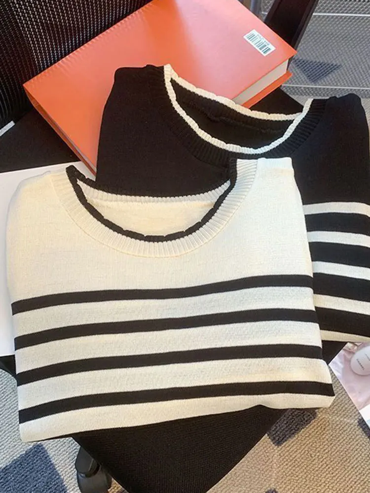2025 Women Fashion Striped Basic Cropped Knit Sweater Vintage O Neck Short Sleeve Female Pullovers Chic Tops