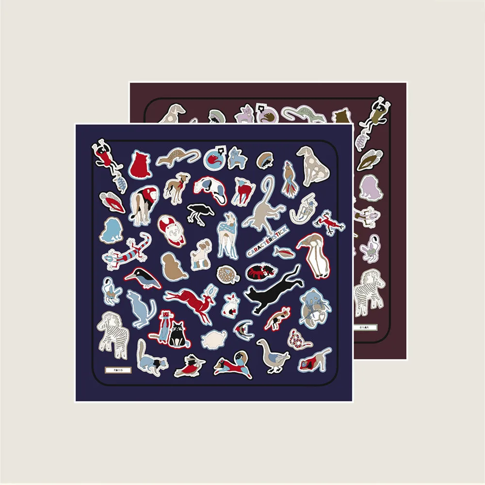 

POBING Hand Rolled Twill Silk Scarf Women Animals Double Side Print Square Scarves Wraps Echarpes Foulards Femme Hijab 53CM