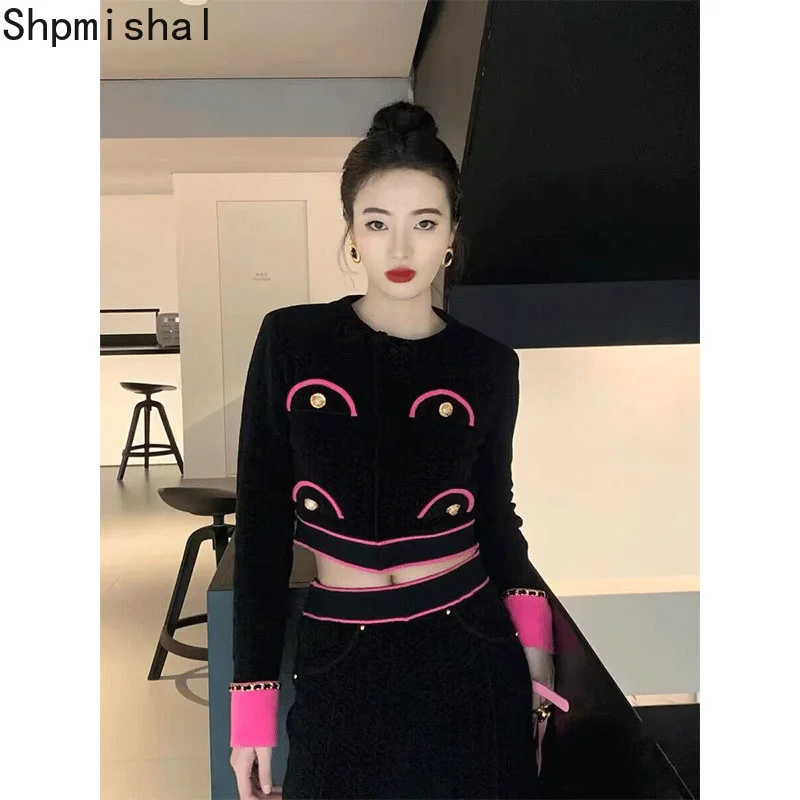 

Shpmishal 2023 Pink Black Spliced Round Neck Pullover Sweater High End Casual Loose Wide Leg Pants Knitted Set Female Clothing