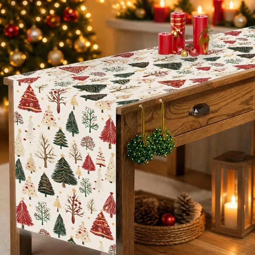 Christmas Tree Table Runner Mixed Pine Tree Pattern Polyester Festive Table Runner Washable Heat Resistant Holiday Tablecloth