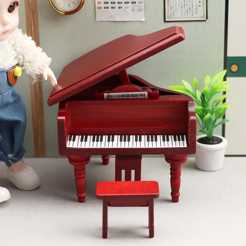 1Set 1:12 Dollhouse Miniature Piano with Chair Simulation Grand Piano Model Living Room Ornament Decor Toy Accessor