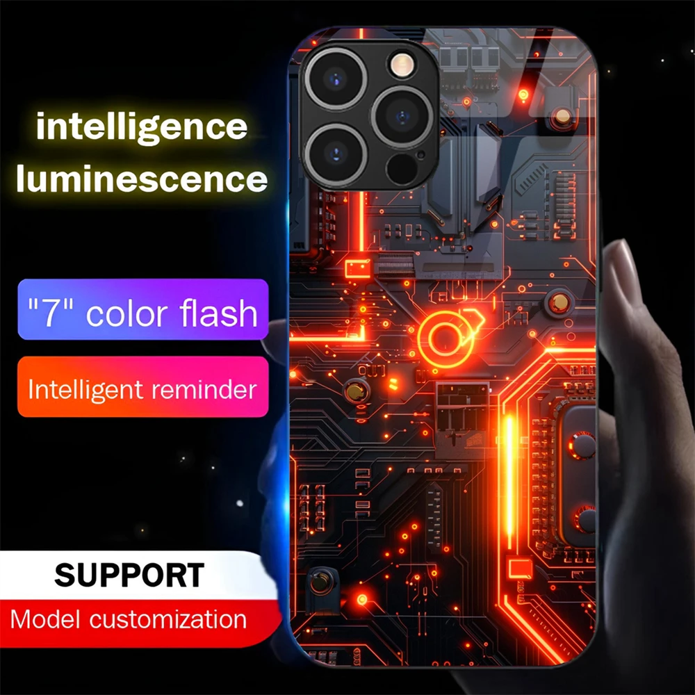 

Mechanical PCBA Luminous Phone Case LED Light Glass Shockproof Cover For iPhone 16 E 15 14 13 12 11 Pro Max XR XS Plus 7 8 SE