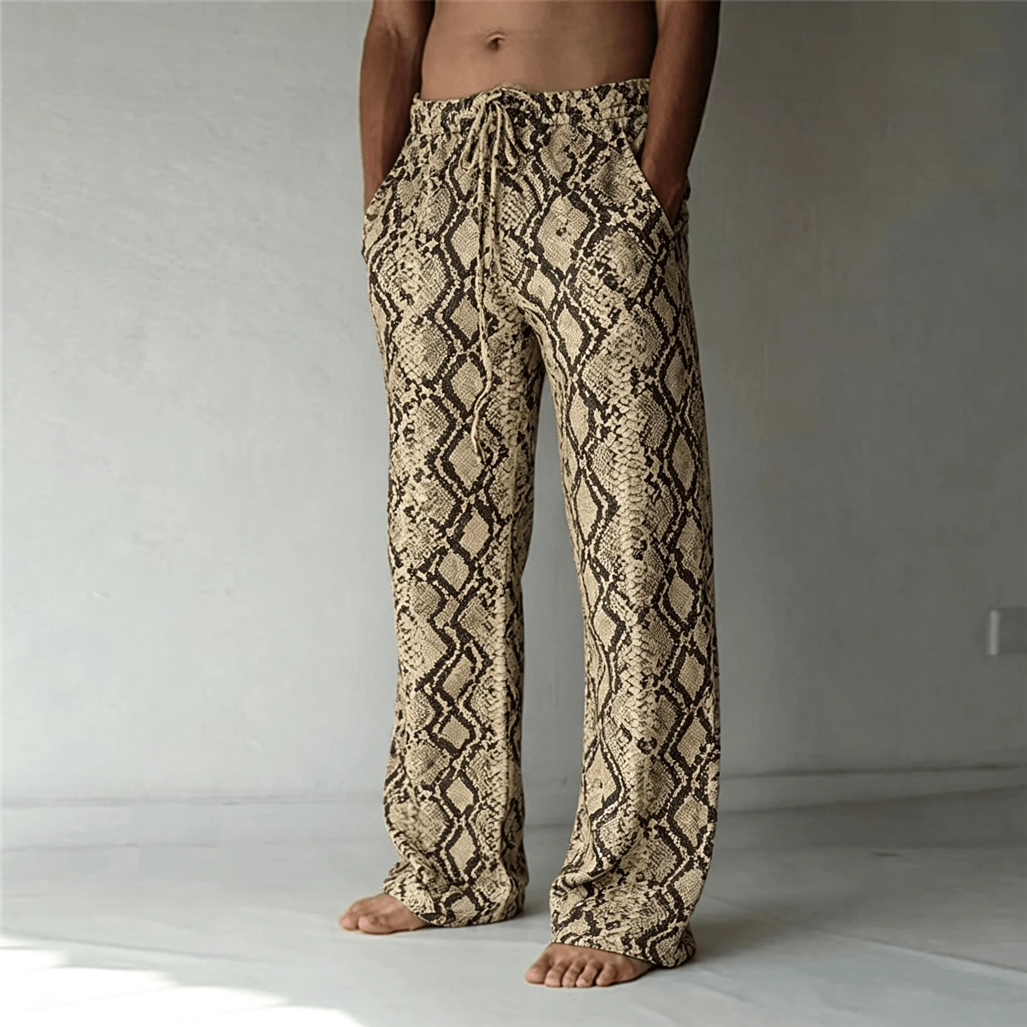 Men's Classic Leopard Print Drawstring Wide Leg Pants, Retro Casual Straight Pants for Spring & Summer
