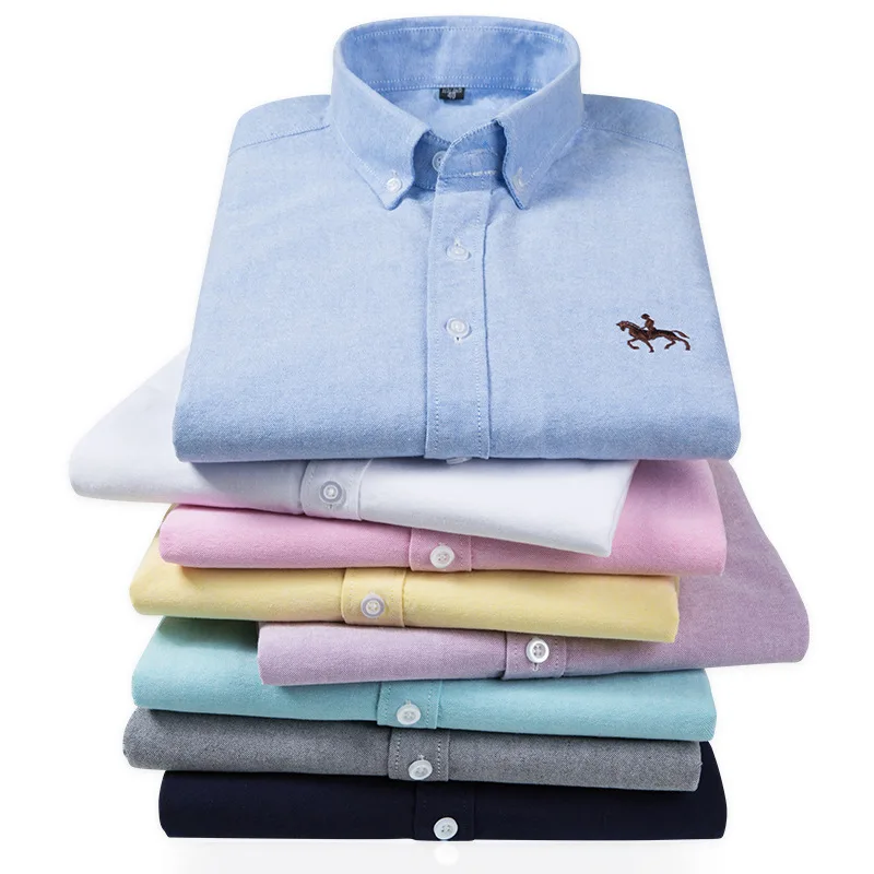 New 100% Cotton Oxford Shirt For Men's Long Sleeve Solid Casual Business Regular-Fit Formal Dress Shirts Social Blouse S-6XL