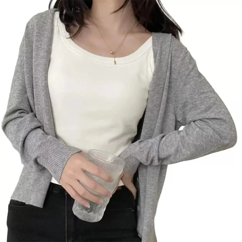 

Весенне-летний вязаный кардиган для женщин, новый, с длинным рукавом, V-образным вырезом, белый, вязаный свитер-кардиган, женские топы, трикотажная одежда