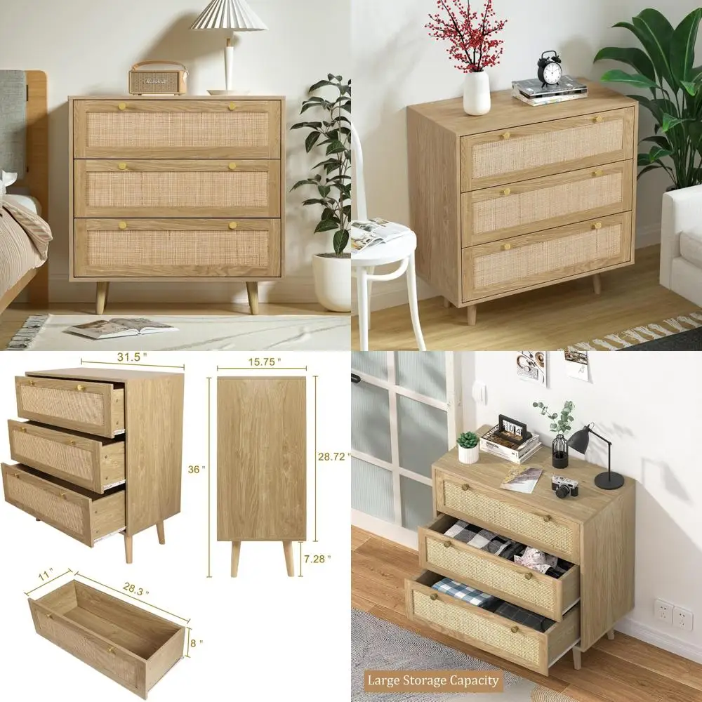 

Modern Rattan 3-Drawer Dresser: Spacious Storage Chest for Bedroom and Hallway