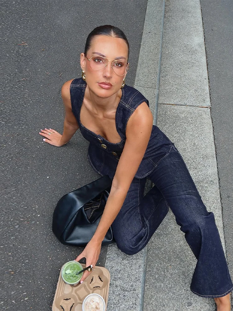 Street Denim Pants Set Women Sleeveless Single Breasted Slim Square Collar Tank High Waist Straight Jeans 2025 Summer Lady Suit