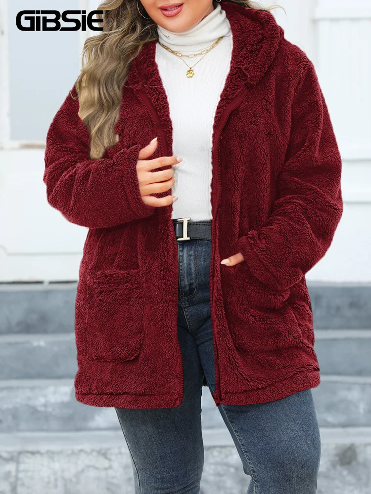 GIBSIE Plus Size Autumn Winter Hooded Plush Fleece Teddy Coat Women Pockets Casual Solid Zip Up Faux Fur Jacket Warm Outwear