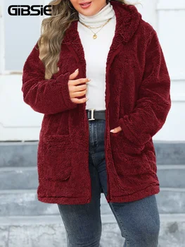 GIBSIE artı boyutu sonbahar kış kapşonlu peluş polar Teddy Coat kadın cepler Casual katı Zip Up Faux kürk ceket sıcak dış giyim