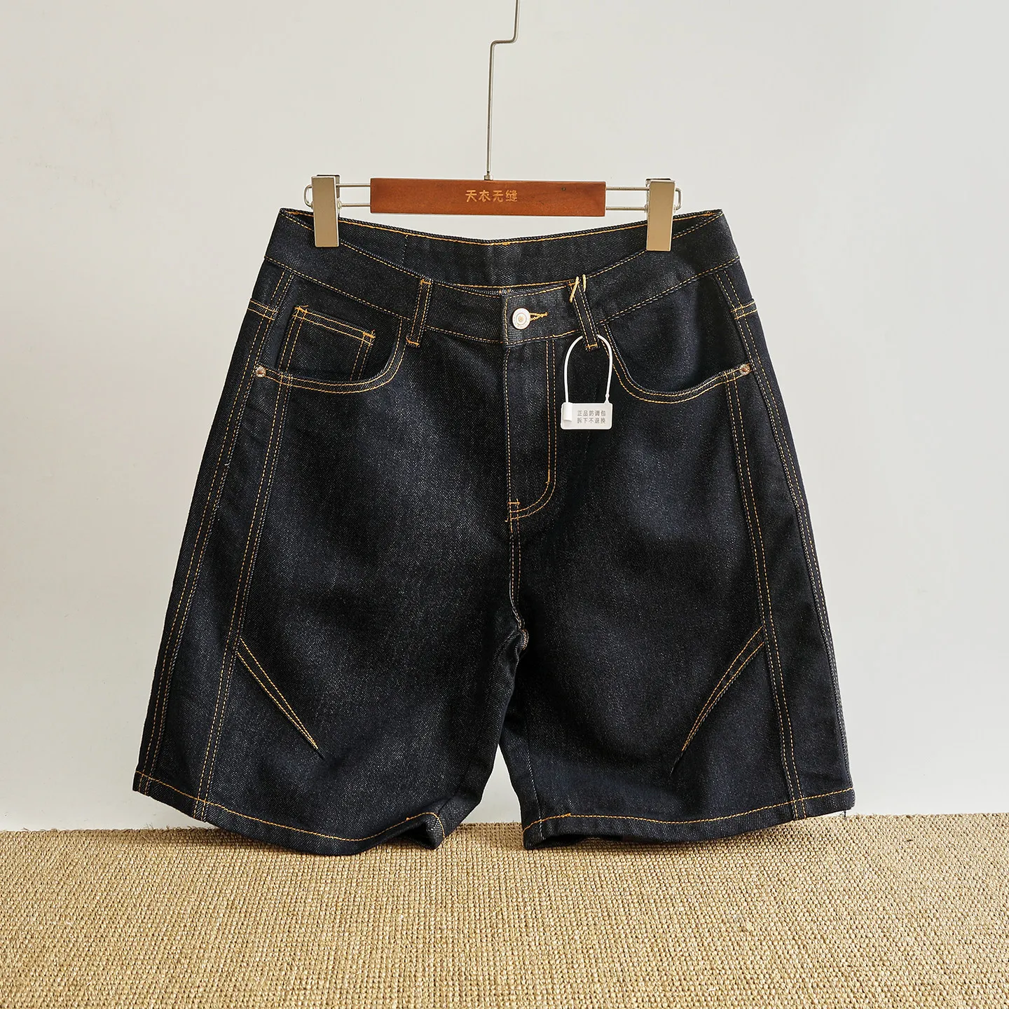 Original color denim denim shorts men's contrast topstitched split cut straight lyocell mid pants