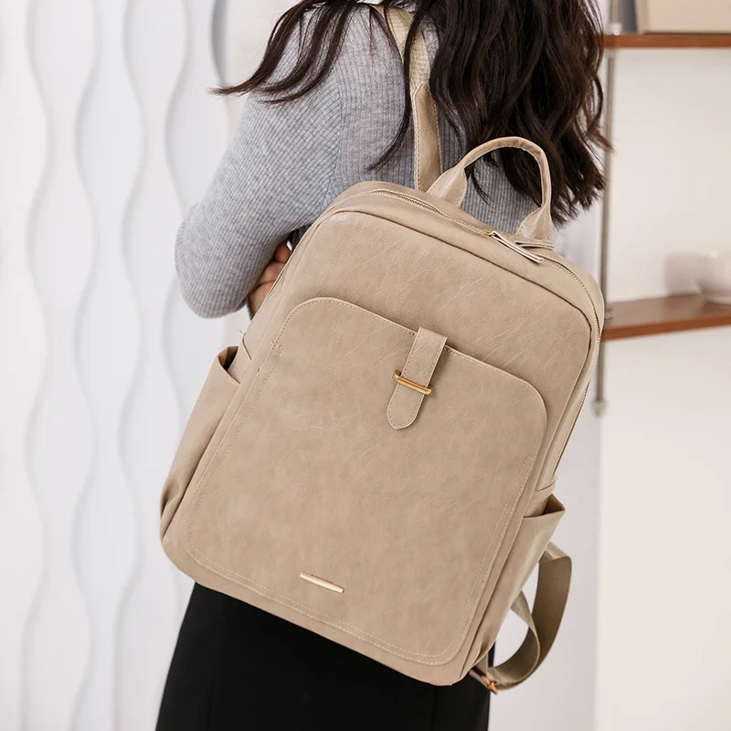 New Multifunctional Women\'s Backpack Simple Neutral Waterproof Laptop Bag Retro European Business Shoulder Bag Solid Color PU Ma