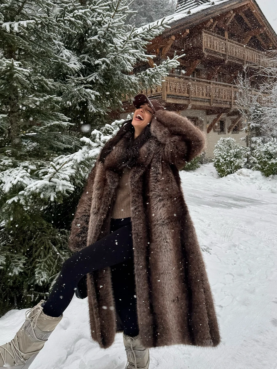 Brown Stripes Gradient Premium Faux Fur Maxi Long Coat Luxury Vintage Fluffy Lapel Collar Midi Coat Pinterest Style Slay Outfits