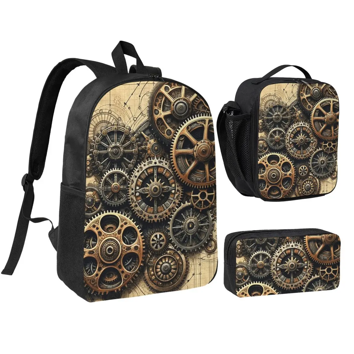 

Intricate Steampunk Gears Assembly Backpack BookBag School Bag Computer Shoulder Bags 3ps Insulated Lunch Bag Pencil Case