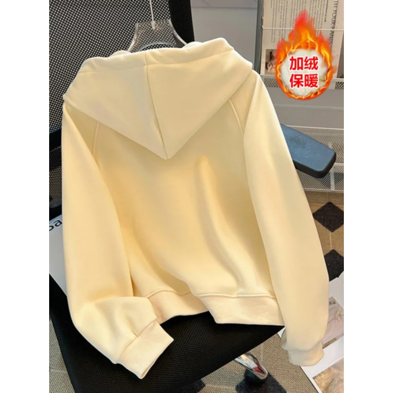 Sweat-shirt à capuche en pur coton pour femme, pull épais en velours bordeaux, demi-fermeture éclair, nouvelle collection automne hiver