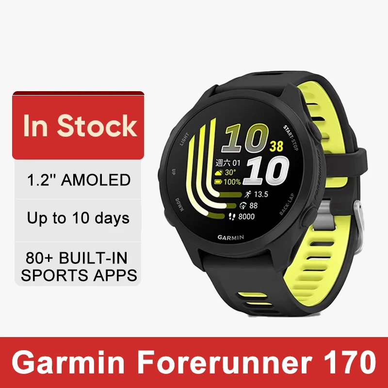 Garmin Forerunner 170 1.2'' AMOLED UP TO 10 DAYS  BATTERY LIFE waterproof  5 ATM 80+ BUILT-IN SPORTS APPS