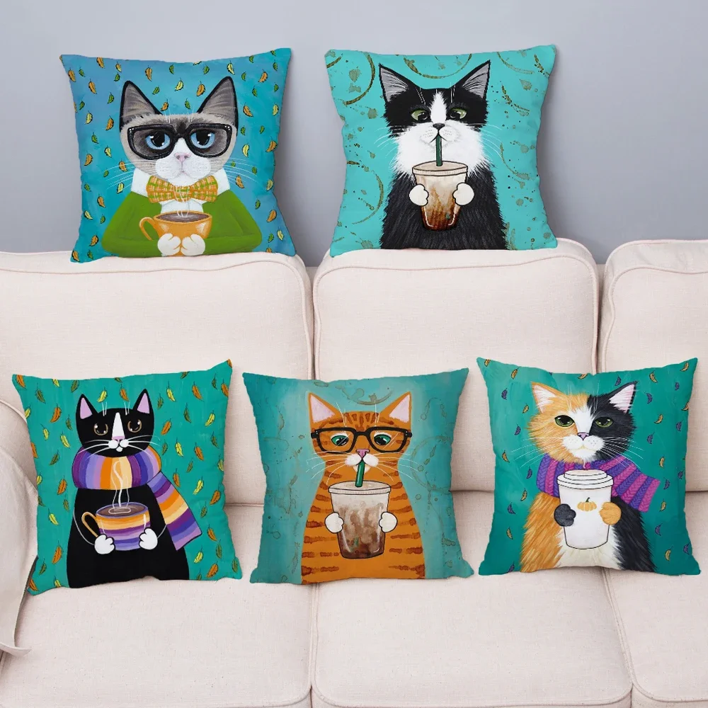 Cartoon Cycling Cat Print Cushion Cover Super Soft Pillowcase 45x45  Home Decor Short plush material